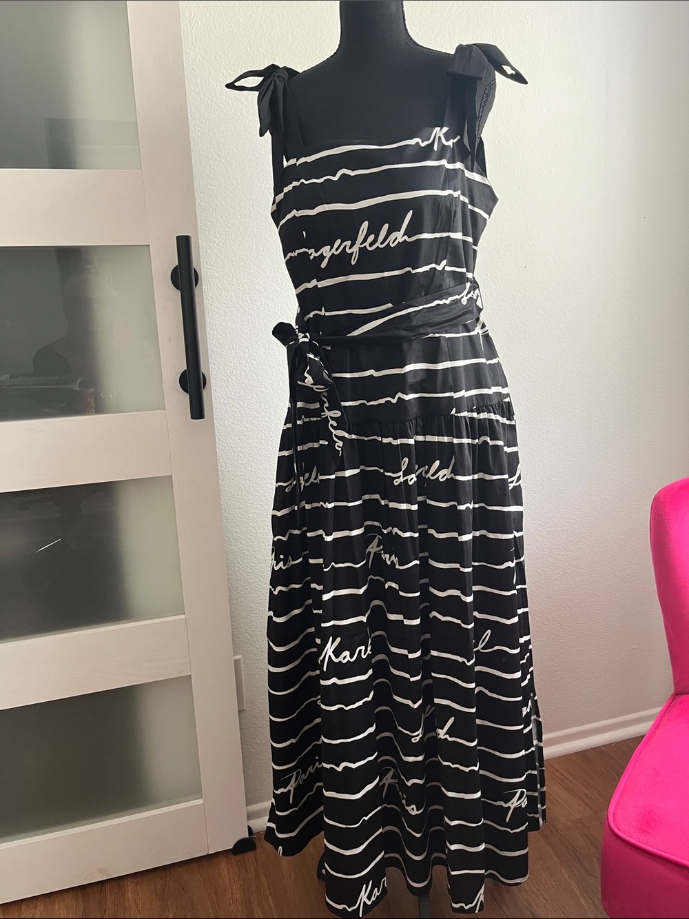 Karl Lagerfeld Black and White Script Tie-Shoulder Maxi Dress